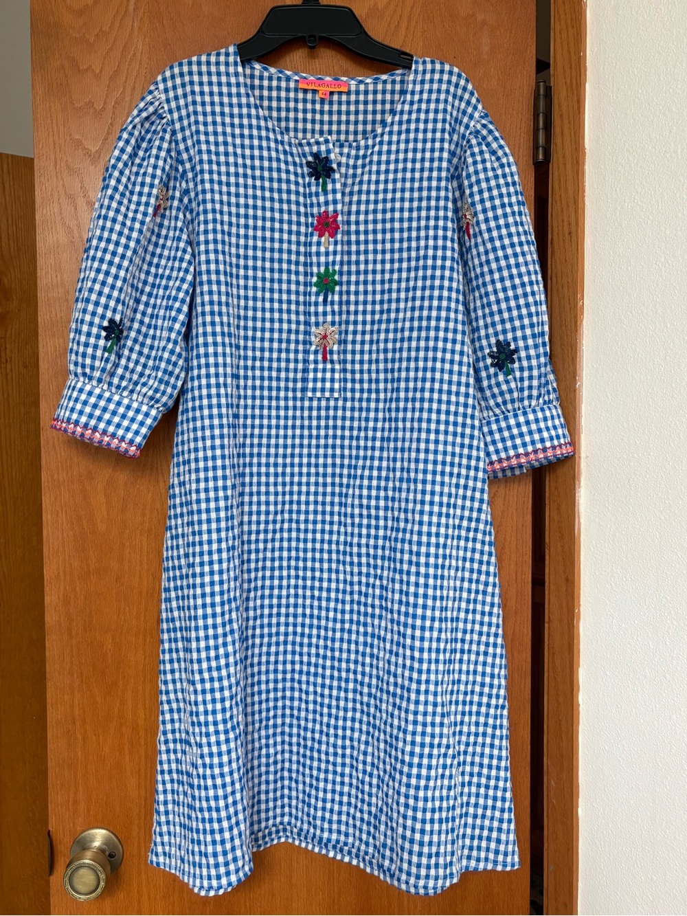 EUC Vilagallo blue gingham dress with beaded flowers EU44/US12